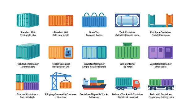 Shipping container types and transport icons arranged in grid