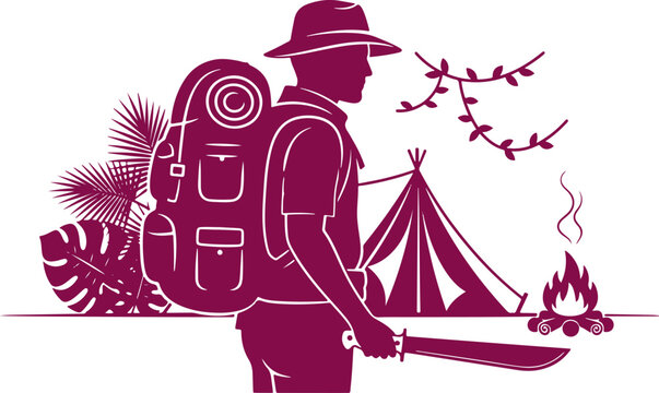 Explorer with backpack and machete, jungle camp, tent, campfire, adventure.