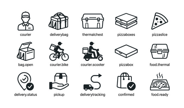 Delivery and pizza icons showing courier gear and status labels