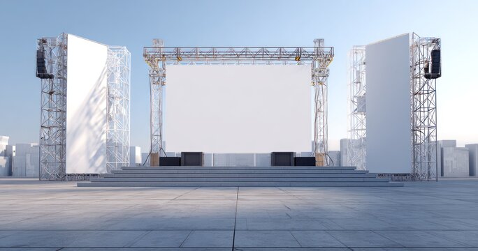 Outdoor stage with white screen for event or presentation against sky