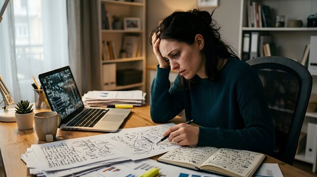 Stressed woman looking worriedly at loan papers and bills at home office. Concept of financial burden, student debt, and anxiety over tuition fees and future payments. Overwhelmed by paperwork.