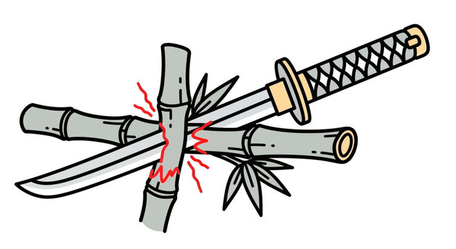 Katana sword cutting through bamboo sticks.