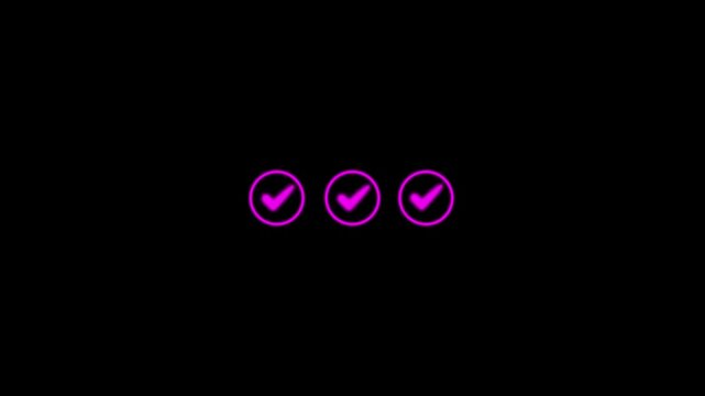 Neon pink checkmark loading animation set, digital task completion ui tick glowing