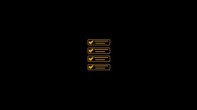 Glowing digital checklist Hud animation with animated checkmarks on black background, interface.