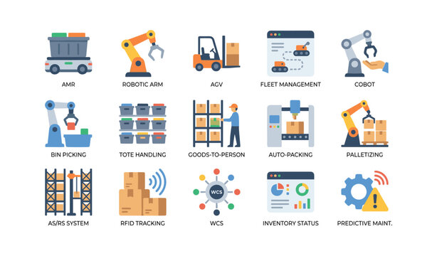 Warehouse automation icons showing robotics and logistics on white