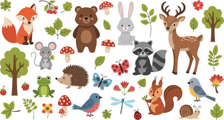 Fototapeta premium Collection of cute cartoon forest animals, plants, and insects on a white background, bear rabbit deer