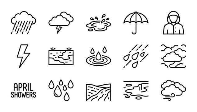 April Showers Weather Icons Set, Raindrops, Storms, Puddles, Umbrella, Hoodie Vector Graphics