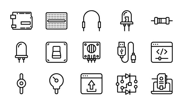 Electronics Components Icons Set, Technology Circuitry, Digital Engineering Symbols, Vector Graphics