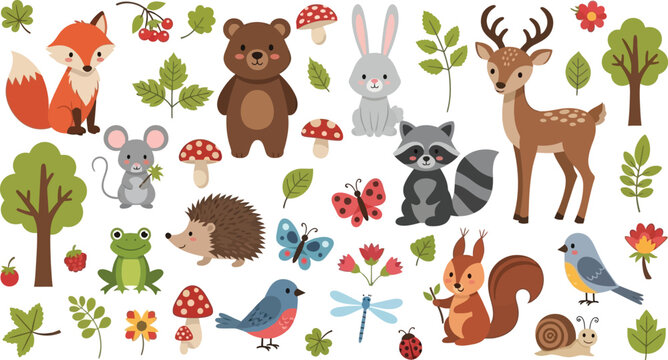 Collection of cute cartoon forest animals, plants, and insects on a white background, bear rabbit deer