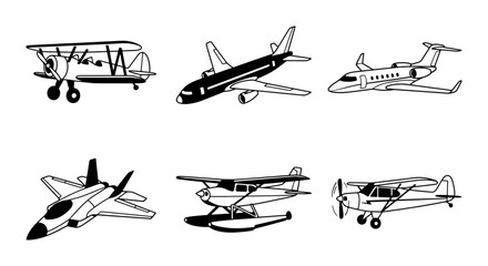 Diverse Aircraft Collection: Vintage Biplanes, Modern Jets, and Seaplanes Vector Icons © Morshed