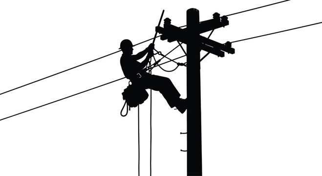 Silhouette of lineman climbing utility pole, working on power lines