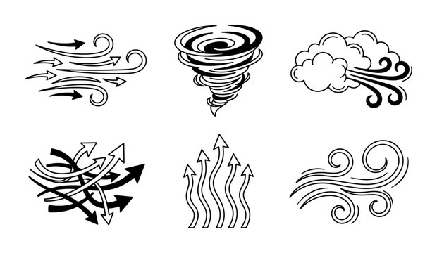 Weather Icons: Wind, Tornado, Clouds, Arrows, Updrafts, Swirls - Vector Set