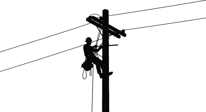 Silhouette of lineman working on utility pole with power lines electrician