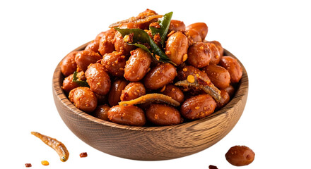 Obraz premium Spicy fried peanuts with anchovies in a wooden bowl
