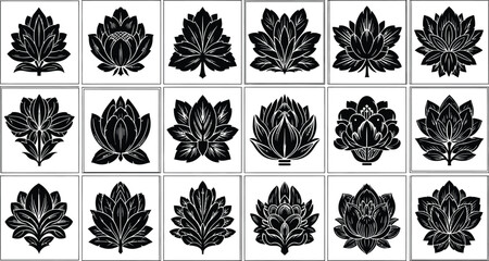 Black lotus flower 20 variations on white background, flowers floral © Graphic Shops