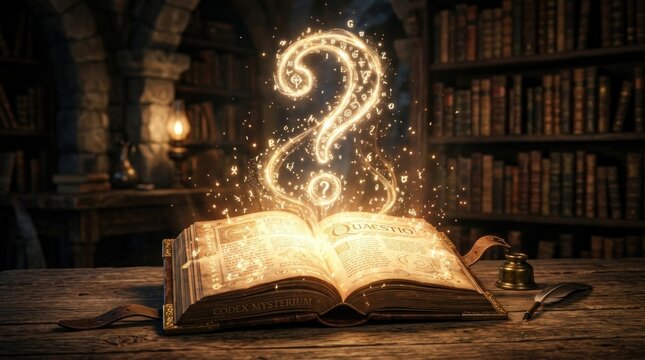 A glowing question mark magically rises from an open, ancient book resting on a wooden table.