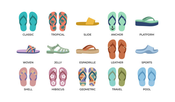 Multiple flip flop and sandal icons displayed in rows and styles