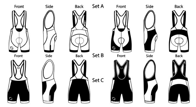 Cycling shorts with suspenders vector template set for active sports apparel design