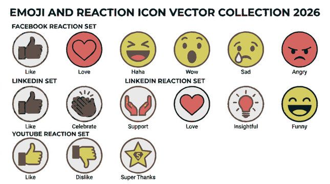Colorful emoji and reaction icon vector collection featuring facebook linkedin and youtube sets with diverse expressions