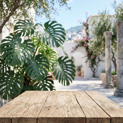 Fototapeta premium Empty Wooden Table Surface Background with Monstera Plant and Sunny Mediterranean Courtyard for Product Display Mockup