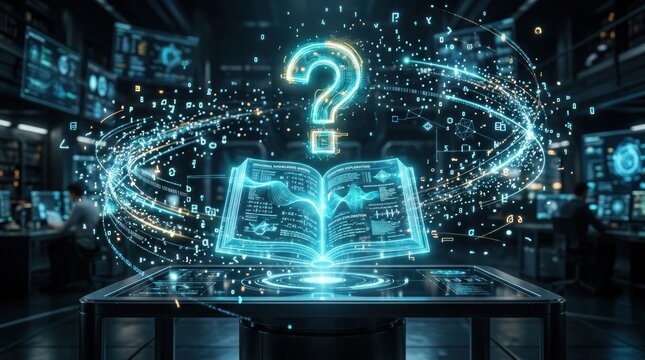 A holographic book with a question mark floats above a table in a futuristic library.