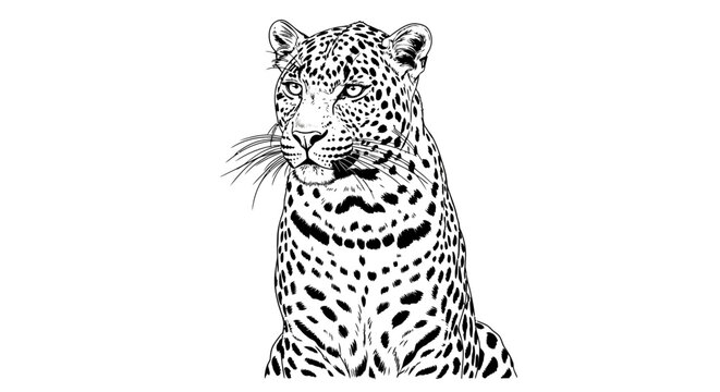 Leopard, black and white illustration, animal portrait, vector drawing, wildlife art