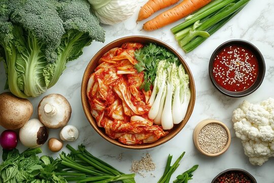 Vibrant bowl of spicy fermented cabbage and baby bok choy surrounded by broccoli, cabbage, carrots, mushrooms, scallions, cauliflower, sesame seeds and chili paste &mdash; fresh and appetizing
