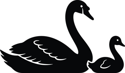 Black swan and cygnet silhouette illustration isolated on light background featuring elegant aquatic bird family design ©  Reza Artify Lab