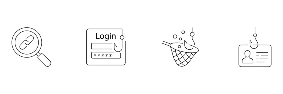 Phishing and cyber fraud security concept linear icons set showing magnifying glass link, login hook, fishing net and identity card.
