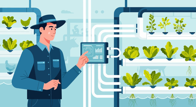 Farmer using technology in hydroponic farm with leafy greens
