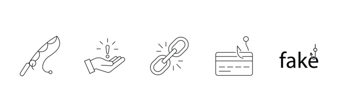 Phishing and cyber fraud security concept linear icons set showing fishing rod, alert hand, broken link, credit card and fake.