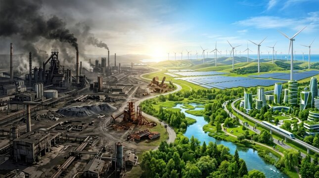 The image presents a split-screen comparison of an industrial landscape and a sustainable future.