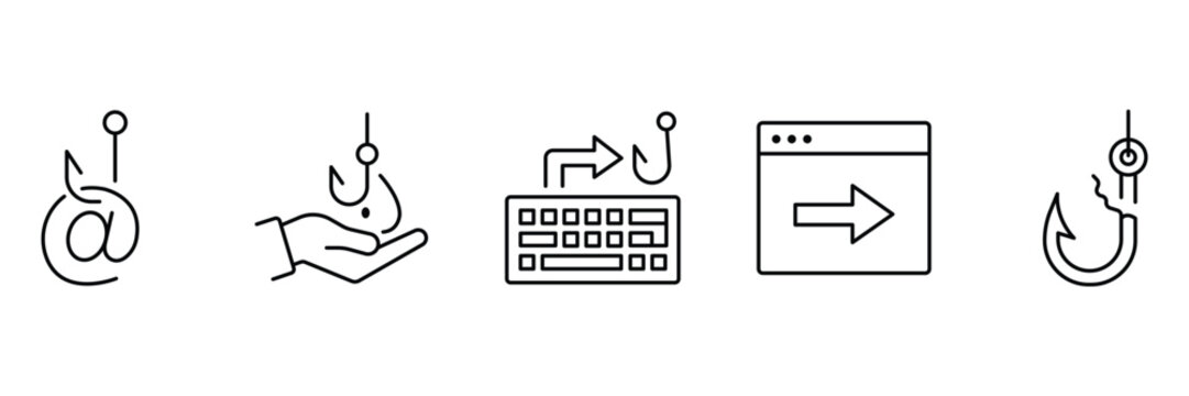 Phishing and cyber fraud security concept linear icons set showing email hook, hand warning, keyboard redirection, browser and fishing hook.