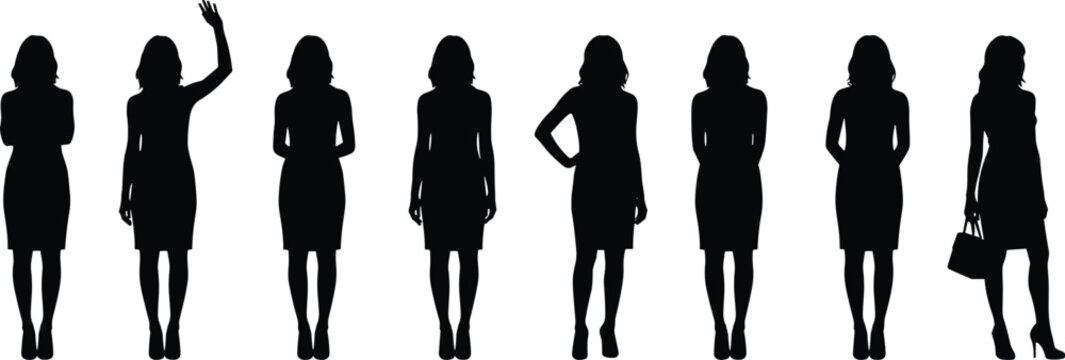 Elegant female silhouette collection isolated on light background featuring different standing poses and fashionable woman figures