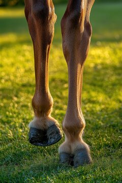 Close-up of sunlit brown horse front legs and hooves standing on green grass, warm peaceful pastoral mood