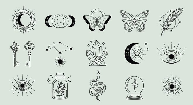 Collection of mystical and celestial icons including moon phases, butterflies, crystals, keys, and eyes in a clean line art style.