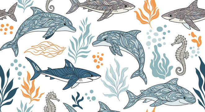 Marine life seamless pattern with sharks, dolphins, and seahorses featuring intricate decorative patterns and colorful seaweed.