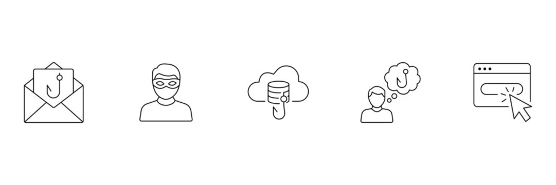 Phishing and cyber fraud security concept linear icons set showing email hook, masked hacker, cloud database, thought and browser click.