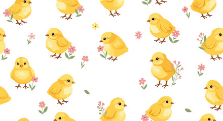 Fototapeta premium Adorable seamless pattern of fluffy yellow chicks and tiny pink flowers scattered on a clean white background.
