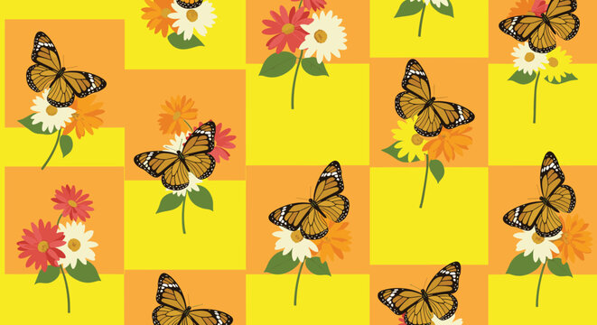 Vibrant pattern featuring butterflies and autumn flowers arranged on a checkered yellow and orange tile background.