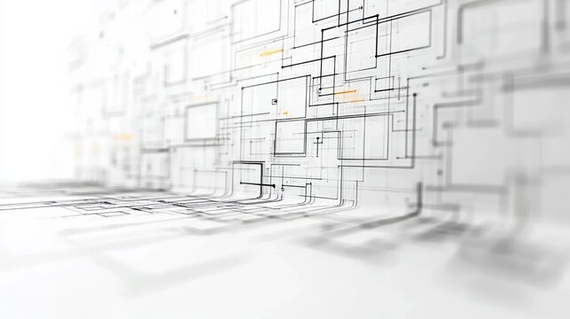futuristic minimalist wireframe network of floating rectangular grids and connecting lines with soft shadows and subtle amber highlights