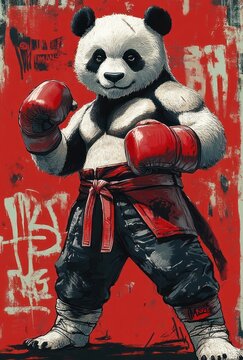 anthropomorphic panda boxer wearing red gloves and baggy black pants with a red sash, standing in a fighting stance against a grungy red graffiti wall, confident and fierce