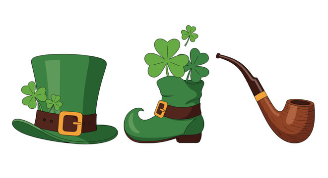 Saint Patrick Day collection features a green leprechaun hat with shamrocks, a matching buckled boot, and a classic wooden smoking pipe.