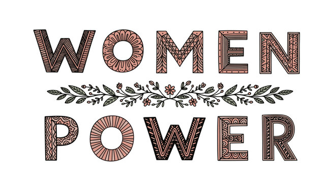 Women Power text is rendered in a highly detailed decorative font with intricate patterns and a delicate floral divider on a white background.