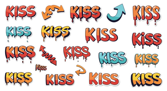 Repeated graffiti-style text for Kiss with a dripping paint effect is shown in various colors alongside several decorative arrows and swirls.