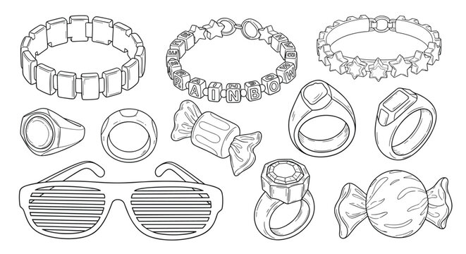 Black and white line art sketches of nostalgic accessories including beaded bracelets chunky rings shutter shades and candy.