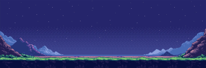 Pixel art landscape of a night beach under a starry sky. 8-bit game background with mountains and grass. Retro digital scenery for adventure video game interface or website design. © hiten666