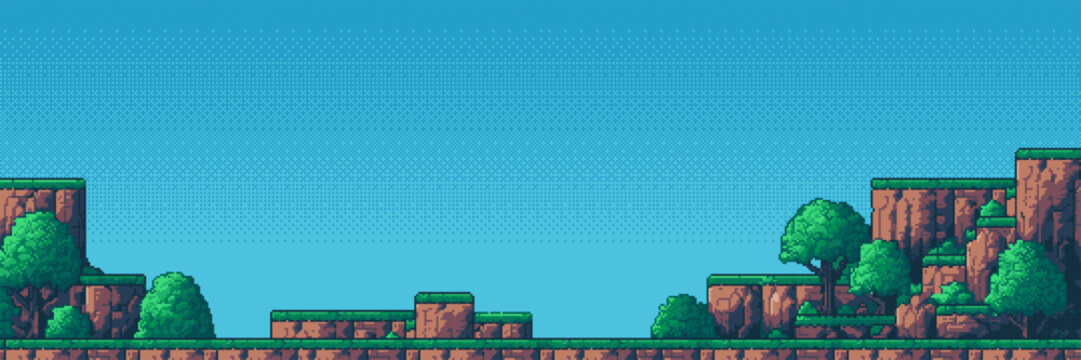 Pixel art landscape background for video game. 2D platformer world stage with grassy cliff, tree, and blue sky. Digital retro level design for arcade side scrolling mobile application.