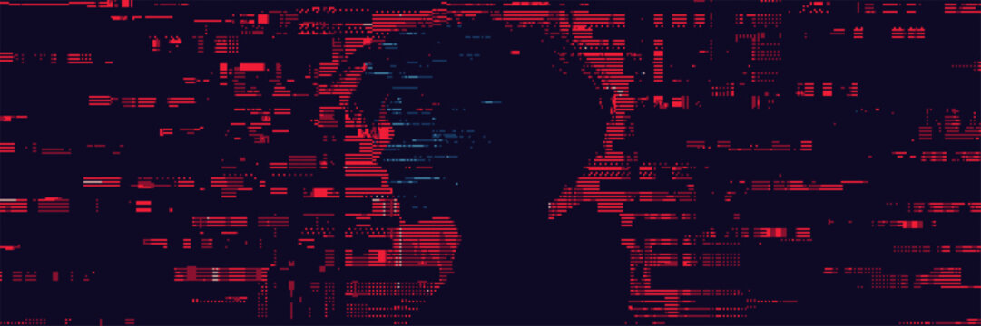 Abstract head silhouette formed by red pixel art glitch effects. Digital human profile representation in data stream. Futuristic cyber landscape for technology and network concept.