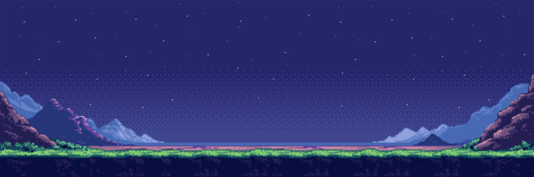 Pixel art landscape of a night beach under a starry sky. 8-bit game background with mountains and grass. Retro digital scenery for adventure video game interface or website design.